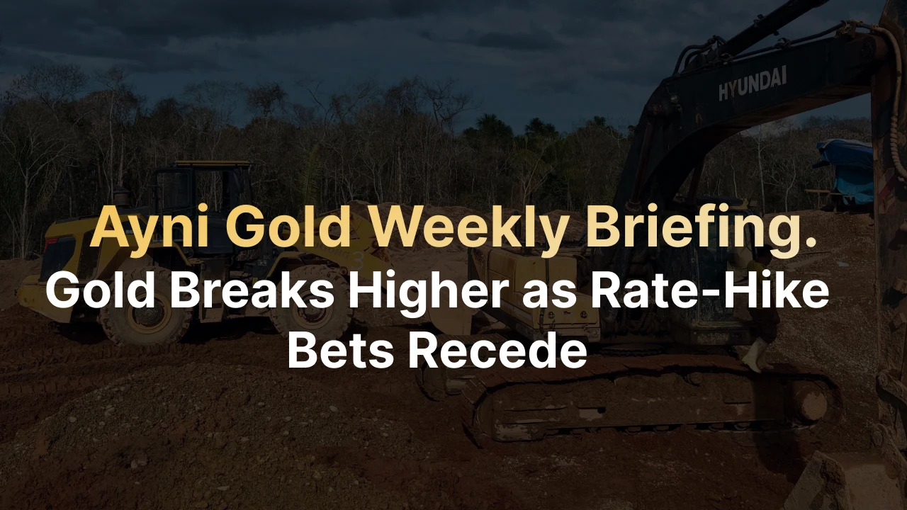 Ayni Gold Weekly Briefing — Gold Breaks Higher as Rate-Hike Bets Recede, with mining equipment in the background.