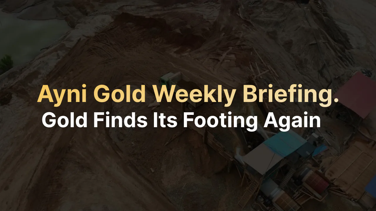 Ayni Gold Weekly Briefing — Gold Finds Its Footing Again, with mining equipment in the background.